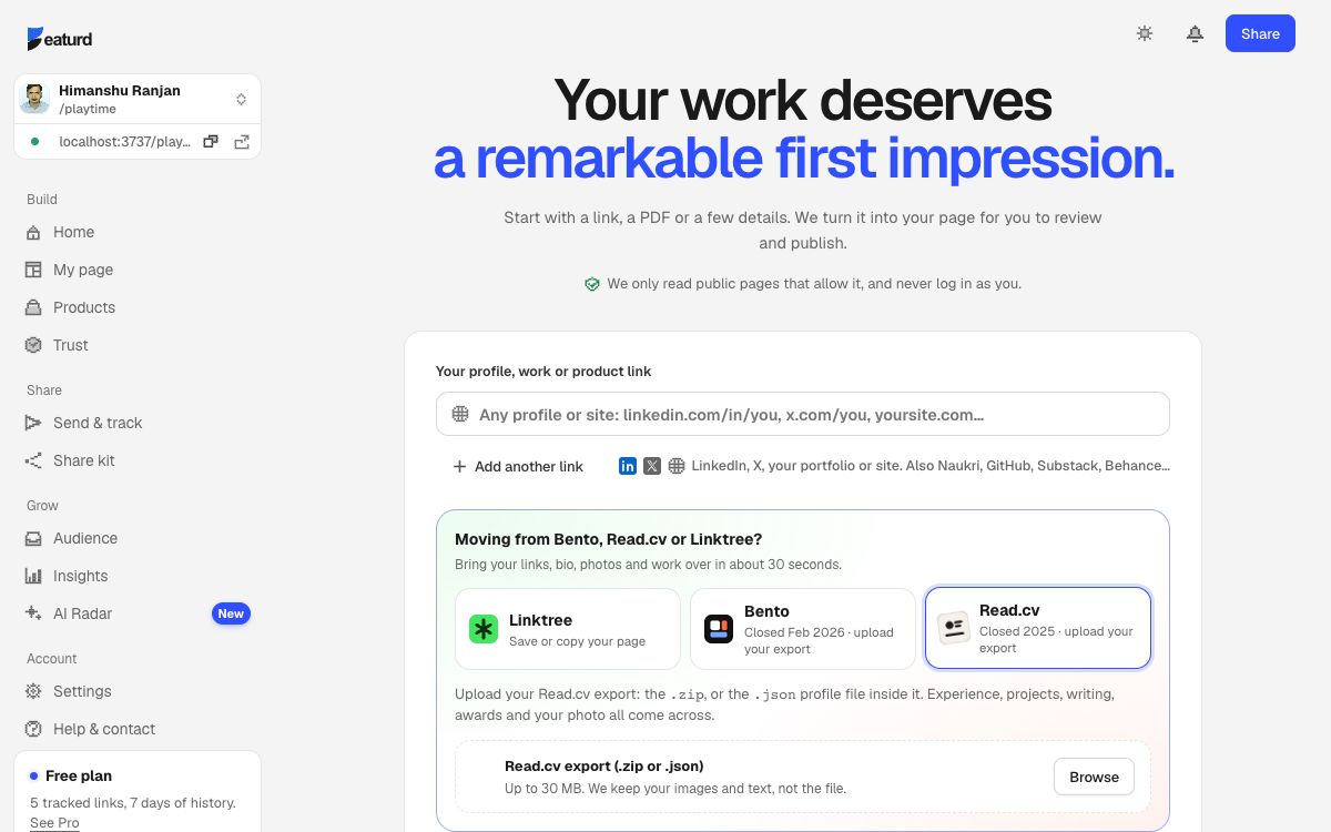 The featurd import screen with “Moving from Read.cv?” selected, ready for your file